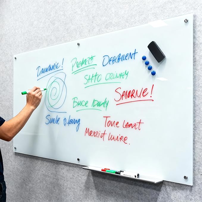 Glass Whiteboard 48"X72" Dry Erase Board Magnetic Frameless Wall Mounted White Board WritingBoard for Office School Home Accessory Tray, 3 Dry Erase Marker,4 Glass Board Magnets and 1 Magnetic Eraser