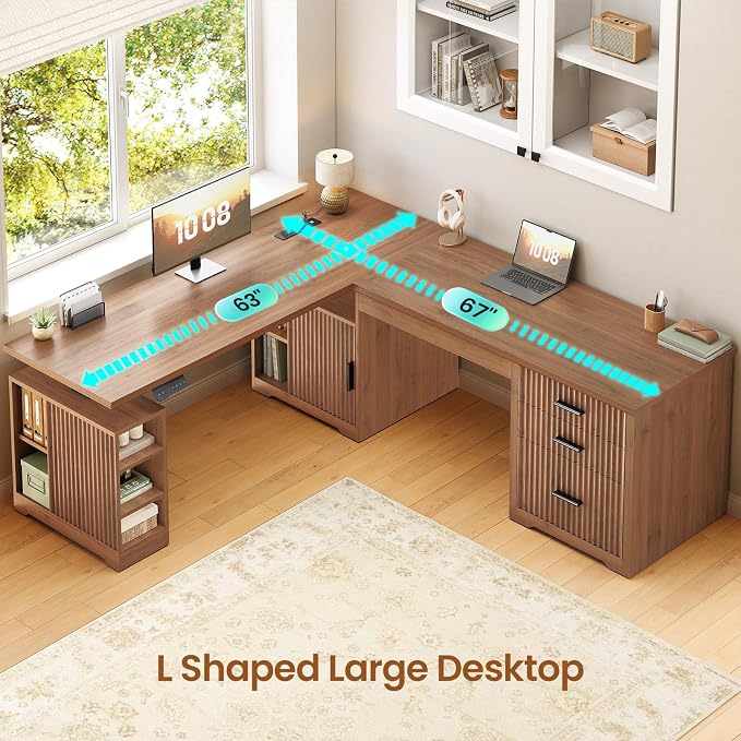 SEDETA Fluted L Shaped Electric Standing Desk, 63" x 67" Height Adjustable Home Office Executive Desk with Drawers and Shelves, Two Person Desk with Power Outlet for Home Office, Brown