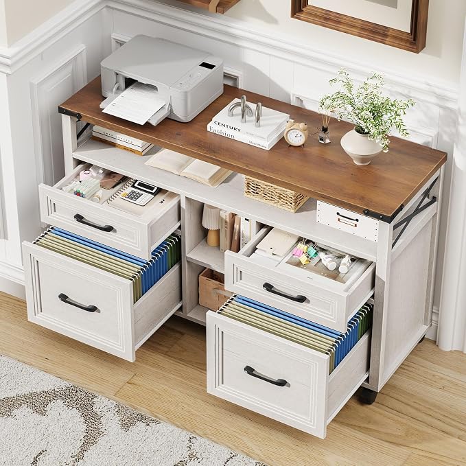 Halitaa Farmhouse Filing Cabinet with Adjustable Shelf & Wheels, Off White | Lateral File Cabinets, Office Storage Cabinet with 4 Drawers, Open Storage Space, for Hanging Files A4/Letter for Home Office