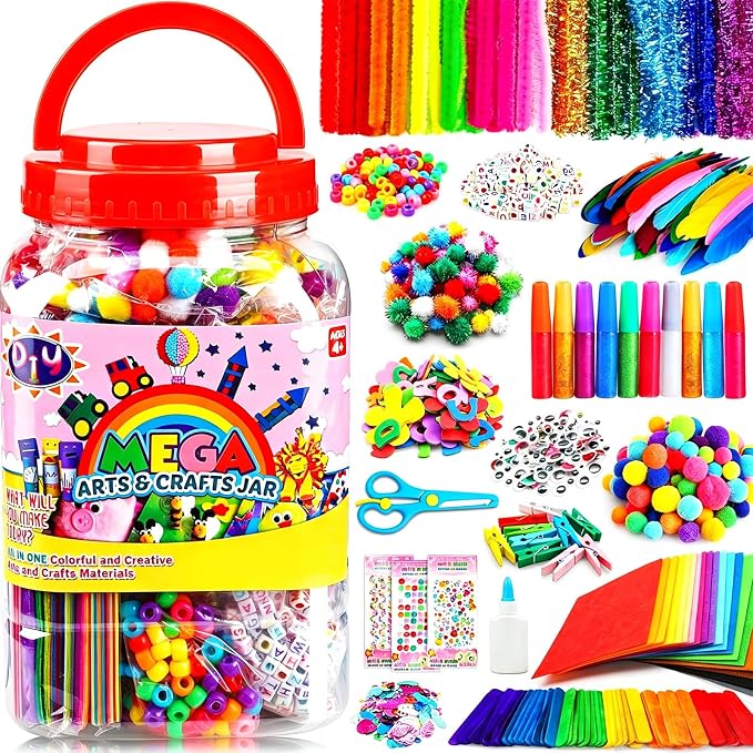 FUNZBO Arts and Crafts Supplies for Kids -Toddlers Craft Kit | with Glitter Glue Stick, Pipe Cleaners, Popsicle Sticks, Pompoms & Stickers, Homeschool Supplies Toys Crafts for Girls age 4+