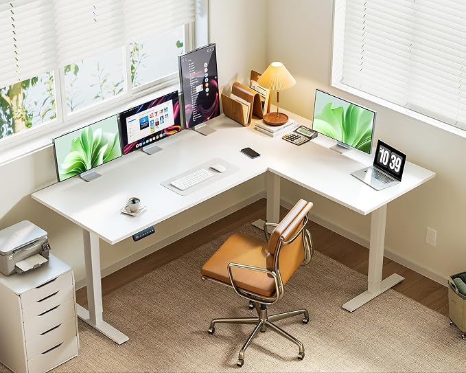 Casaottima 63 Inch L Shaped Electric Standing Desk, Home Office, White | Reversible Corner Desk with Height Adjustment, Ergonomic Sit Stand Table for Home Office, Computer Workstation