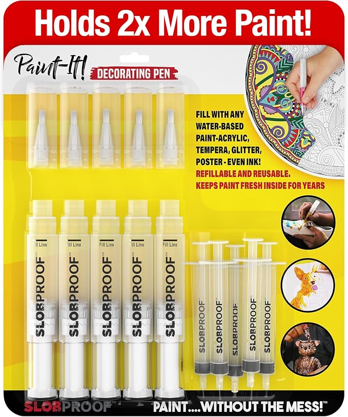 Slobproof Paint It! Decorating Pen, Refillable Paint Pens, Pack of 5 | Mess-Free Arts and Crafts Tool for All Ages - Wider Barrel Holds 2X More Paint - Fill with Chalk, Glitter, Metallic Paints