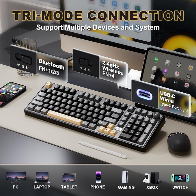 YUNZII B98 PRO 96% Wireless Mechanical Keyboard (Black, Candy Switch) | QMK/VIA, with Numpad, Dual-Style Knob Design, Creamy Pre-Lubed Switches, Hot Swap, Gasket Mount, RGB for Gaming/Win/Mac