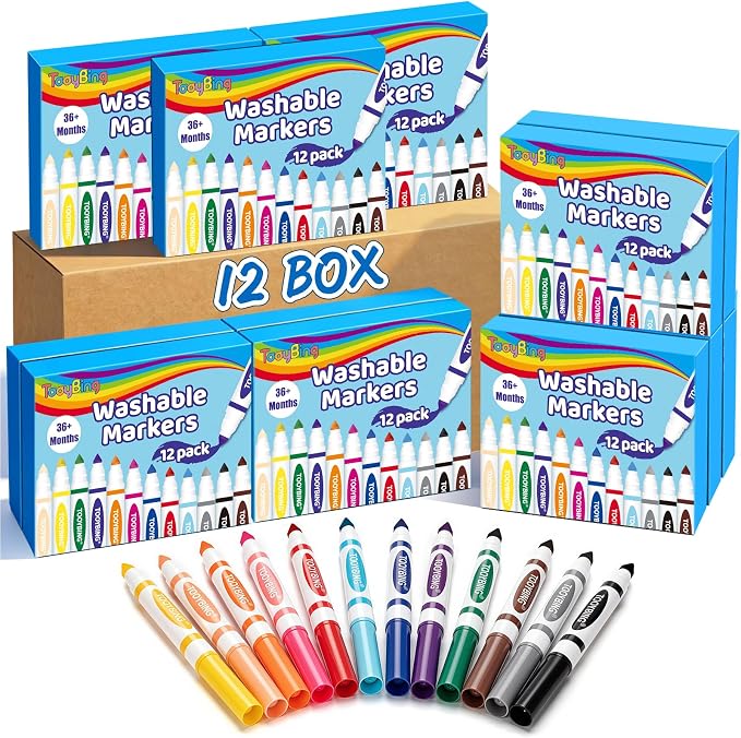 Washable Markers Bulk (144 Count, 12 Box), Broad Line Markers for Kids with Conical Tip, Assorted Colors, Drawing Essentials for School Classroom, Student Must Have for Coloring, Art Craft Supplies