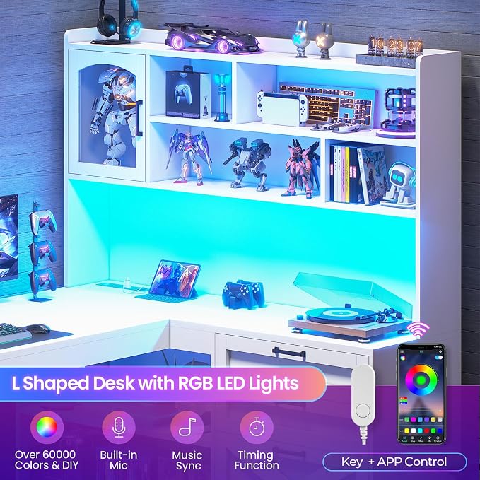 SEDETA Farmhouse 61” L Shaped Office Desk with Drawers, Storage Shelves | Computer Desk with Storage Shelves and Power Outlet, Corner Gaming Desk with LED Light and Display Cabinet for Home Office