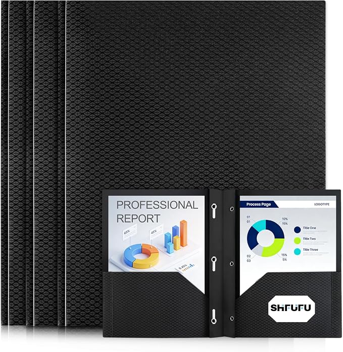 Textured Folders with Pockets and Prongs (3 Pack,Black),Fit Letter Size Paper,Business Card Slot,2-Pocket Folder for School Office or Home,Durable Acid-Free Poly,Back to School Supplies