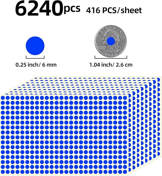 1/4" Small Colored Dot Stickers 6240 PCS Round Circle Stickers Tiny Blue Coding Labels Mini Sticker for Office,Classroom (Blue, 1/4" (6 mm))