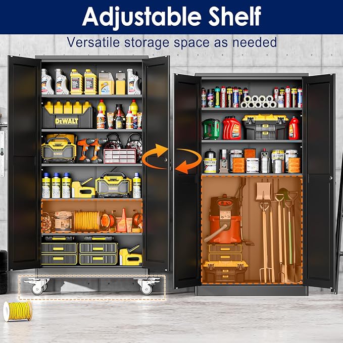 erosoei 74" H Metal Garage Storage Cabinet, Rolling Tool Cabinet with 2 Doors and Wheels, Locker Steel Cabinet with 5 Adjustable Shelves, Organization Cabinet for Garage,Office,Home,Gym,School