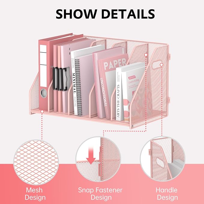 Binder Organizer, Magazine File Holder with 5 Vertical Rack, Pink | Metal Desk File Organizer & Binder Holders, Magazine Organizers for Office Desktop, Home, School, Classroom