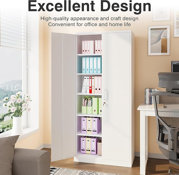 Metal Storage Storage Cabinet with 5 Adjustable Shelves,White Metal Cabinet with Locking Doors,Steel Pantry Cabinet with Lock,71" Lockable Storage Cabinet for Home,Office,Garage,Kitchen,Shop