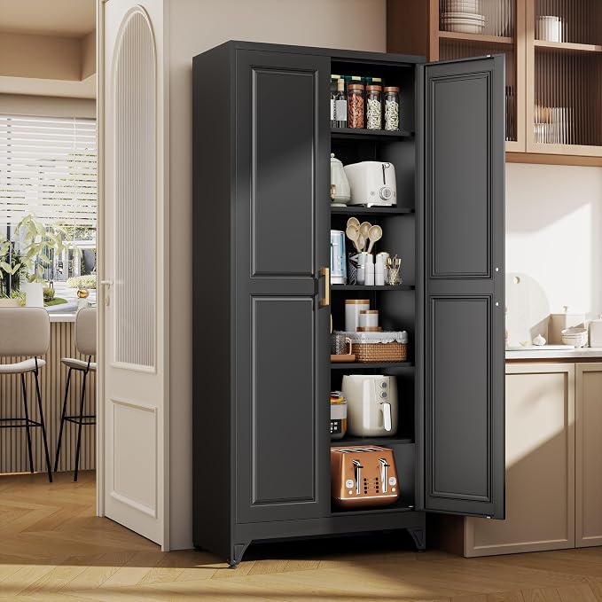 75" Metal Kitchen Pantry Cabinet, Storage Cabinets with 2 Doors | Kitchen Cabinet with 5 Adjustable Shelves, Tall Food Pantry Storage Cabinet, Cupboard for Kitchen, Dining Room, Living Room