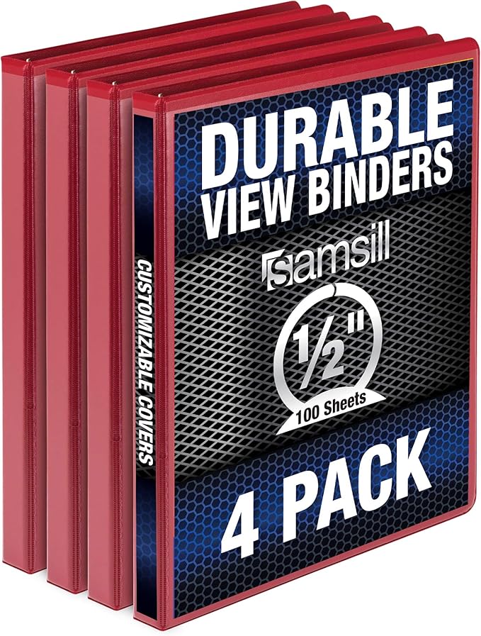 Samsill 4 Pack Durable 0.5 Inch 3 Ring Binders, Round Ring, Clear View Cover for Presentations, Red