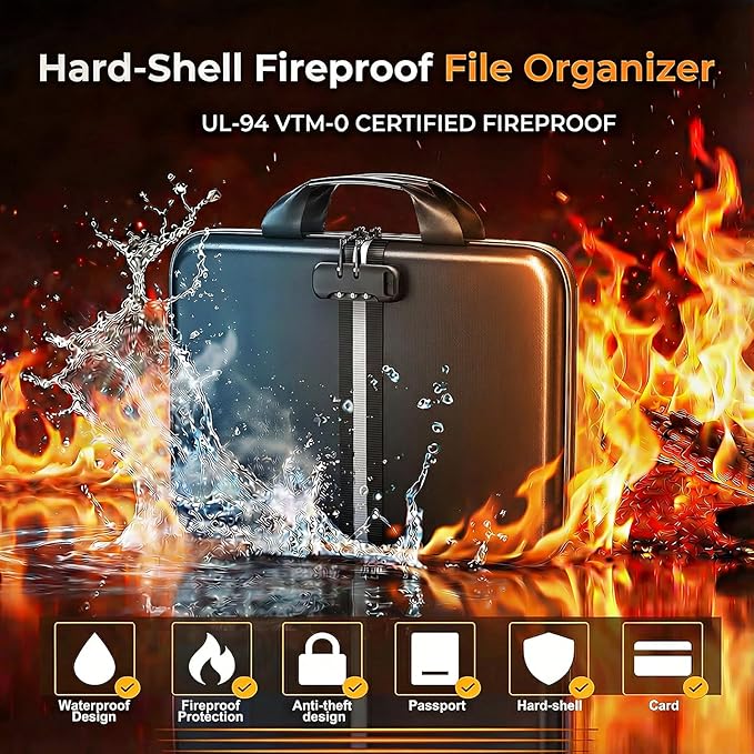 Fireproof Accordion File Organizer with Lock,Hard-Shell Fireproof Document Box with 13 Pockets for Certificates, Passports Laptop Important Documents Portable Home Office Travel Safe Storage