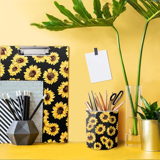 Pen Holder, Pencil Holder for Desk Floral Pattern Pencil Cup for Girls Kids Durable Ceramic Desk Organizer Makeup Brush Holder for Office, Classroom, Home, Sunflower