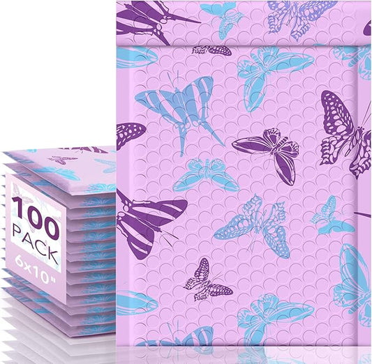 Fuxury Bubble Mailers 6x10" Pinkish-Purple Padded Envelopes 100 Pack with Blue-Purple Butterfly Special Design Padded Mailers Waterproof Bubble Envelopes for small business Jewelry Makeup Supplies #0