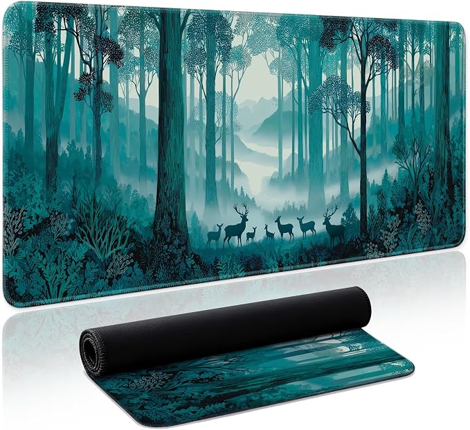 Aesthetic Desk Mat, Cute Deer Forest Desk Pad Protector for Work & Decor, 31.5" x 11.8", Pretty Non-Slip Extended Mouse Pad for Office or Home