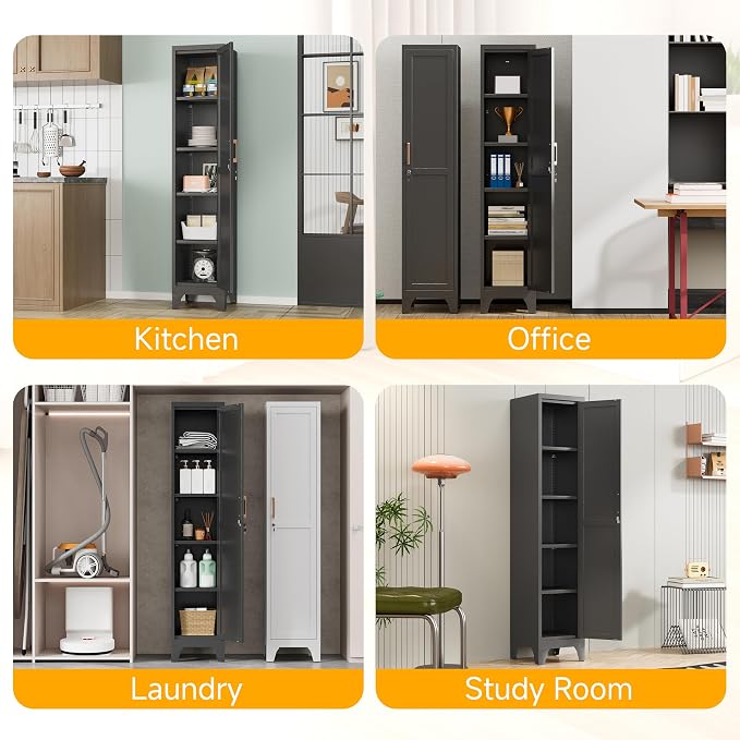 67"H Black Metal Locker with 1 Lockable Door and 4 Adjustable Shelves For Employees, 5 Tier Narrow Storage Cabinet with Detachable Legs and Vintage Handle for Kitchen,Office,Gym,School,Easy Assembly