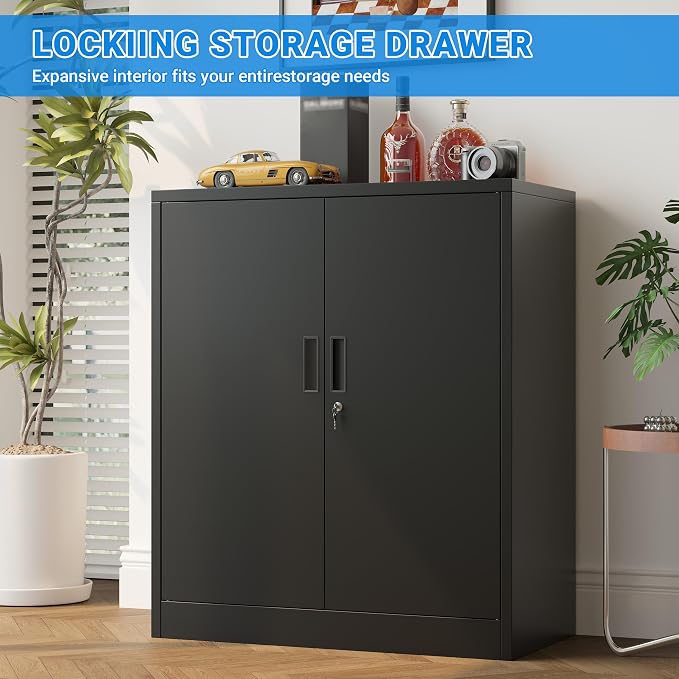 BESFUR Metal Storage Cabinet with Lock and 2 Adjustable Shelves, 36" H Locking Storage Cabinet for Home, Office, Garage, Utility Room and Basement(Black)
