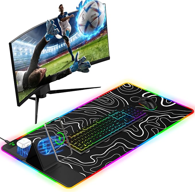 Mouse Pad with Foldable Phone Holder & Wireless Charger, XXL RGB Gaming Mousepad 31.5"x15.8" Large Desk Mat for Keyboard, 11 Colors 5 Modes