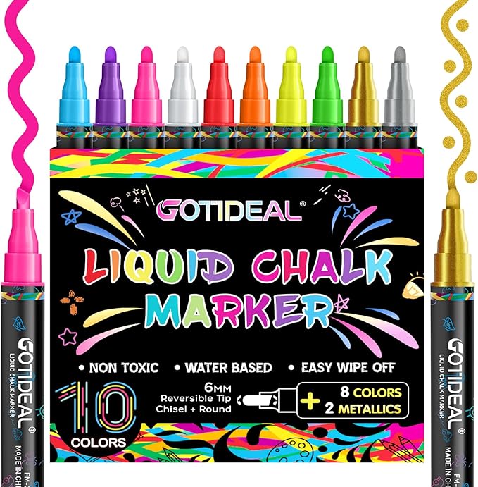 GOTIDEAL Liquid Chalk Markers, 10 Colors, 6 mm Bold & Chisel Tip | Erasable Chalk Board Pens,Window markers for Glass Washable, Blackboard, Car, Glass, Calendar, Sign, Menu Diy Painting