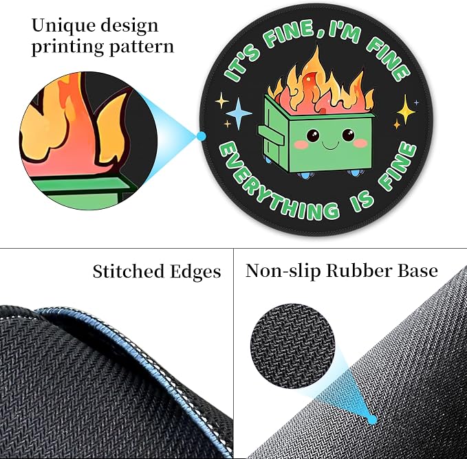 Hancynir 2Pcs Funny Mouse Pad, Dumpster on Fire Round Mousepad for Desk | Mouse Mat for Computer, Non-Slip Rubber Base, Office Desk Decor, Gifts for Work Coworker Teacher, 8.6 Inch, Stitched Edges