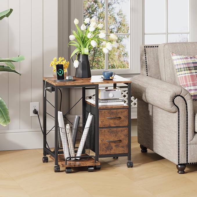 YAOHUOO Printer Stand with Power Outlet/Drawers, Printer and Shredder Stand | 22.8"x15"Top,Printer Desk with Storage Shelf,Rolling Table Cart with Lockable Wheels&Feet,Home Office,Rustic Brown