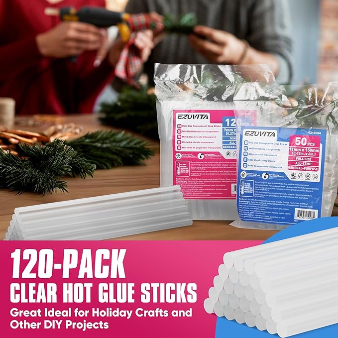 EZUVITA Mini Size Hot Glue Sticks, 0.27” Dia x 8” Long, 120-Pack Clear Hot Melt Glue Gun Sticks for All-Temp Mini Glue Guns, Multipurpose for DIY Art Craft General Repairs, Festival Decorations