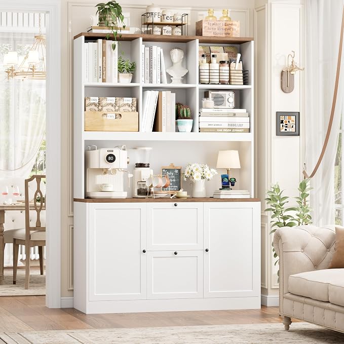 72'' Tall File Bookcase with Power Outlet & Printer Stand, 2 Filing Drawers | Bookshelf with Doors & 2 Adjustable Drawers for Hanging Letter/A4 File, Wood File Cabinets For Home Office Storage, White