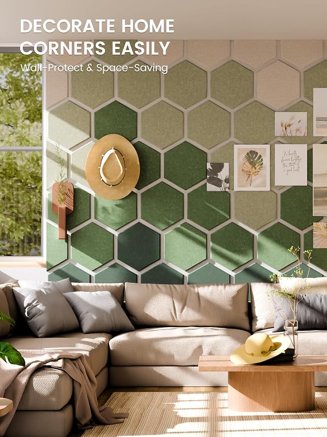 Fluxynara 8-Pack Hexagon Felt Bulletin Board Tiles, Sagewood | Cork Board Alternative with 50 Adhesive Tabs for Notes, Photos and Reminders in Home Offices, Dorm and Classrooms