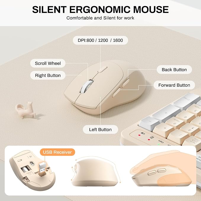 Wireless Keyboard and Mouse Combo,2.4G Ergonomic Wave Keys(Latte Color-A) | Full Size Cordless Keyboard with Wrist Rest,3-Level DPI Ergonomic Mouse for Office and Home,Windows/Mac OS/Desktop/Laptop/PC