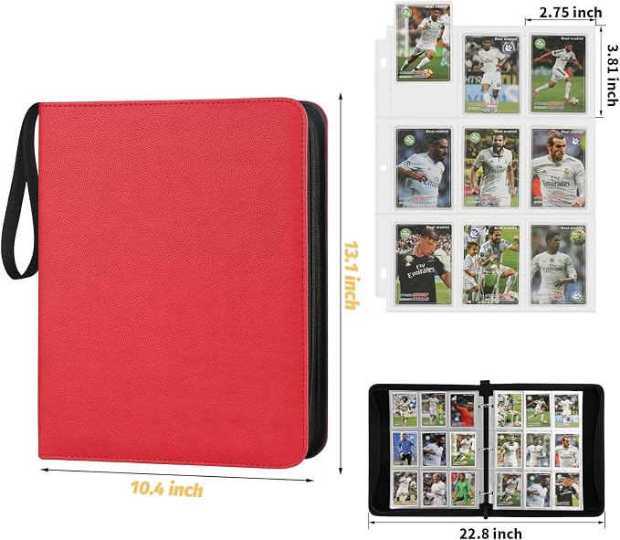 GERMUN 3 Ring 9 Pocket Zipper Card Binder, 720 Double Sided Standard PU Trading Card Album Folder for TCG & Sports Cards, Not Fit Top Loaders (red)