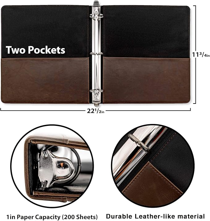 Vintage Professional 3 Ring Binder Organizer, 1-inch Round Rings, 8.5" x 11" Sheet Size, 2 Inner Pockets, 1.6" Spine, Appearance of Antique Brown Leather