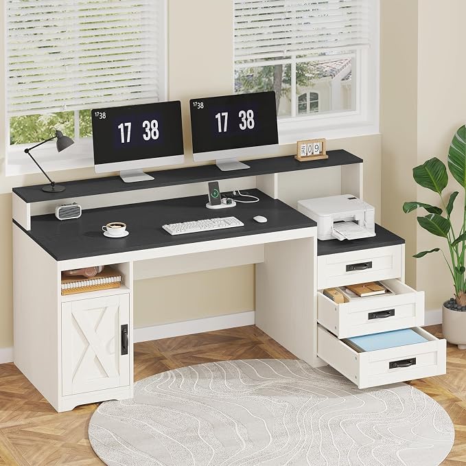 65" Farmhouse Computer Desk with Drawers and Printer Stand for Home Office | Office Desk with Power Outlets and Storage Cabinet, Study Writing Desks with Long Monitor Stand, Black and White