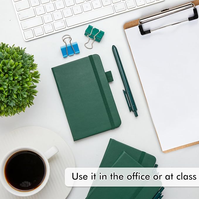 feela 3 Pack Pocket Notebook Journals with 3 Black Pens, A6 Mini Cute Small Journal Notebook Bulk Hardcover College Ruled Notepad with Pen Holder for Office School Supplies, 3.5”x 5.5”, Dark Green