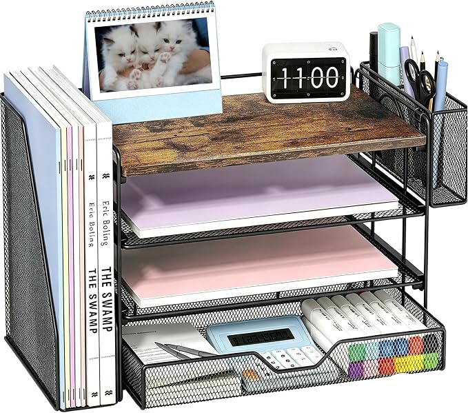 Desk Organizers and Accessories, 4-Tier Desktop File Organizer with Drawer and Pen Holders, Office Desk Accessories Workspace Organizers for Office Supplies (Brown)
