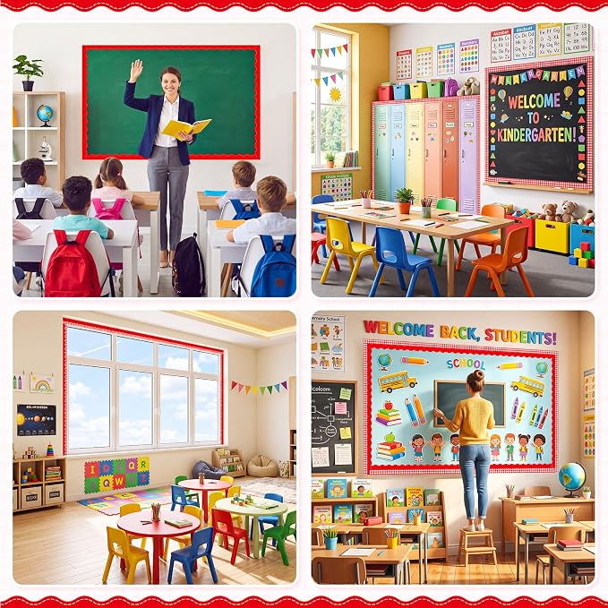 2 Rolls 65.6ft Red Gingham Bulletin Board Borders Decoration Red Checkered and Straight Edge Bulletin Borders Board Trim for Office School Classroom Chalkboard Party Decoration
