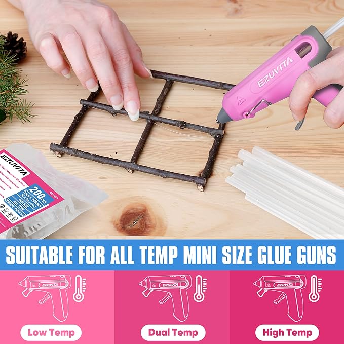 EZUVITA Mini Size Hot Glue Sticks, 0.27” Dia x 6” Long, 200-Pack Clear Hot Melt Glue Gun Sticks for All-Temp Mini Glue Guns, Multipurpose for DIY Art Craft General Repairs, Festival Decorations