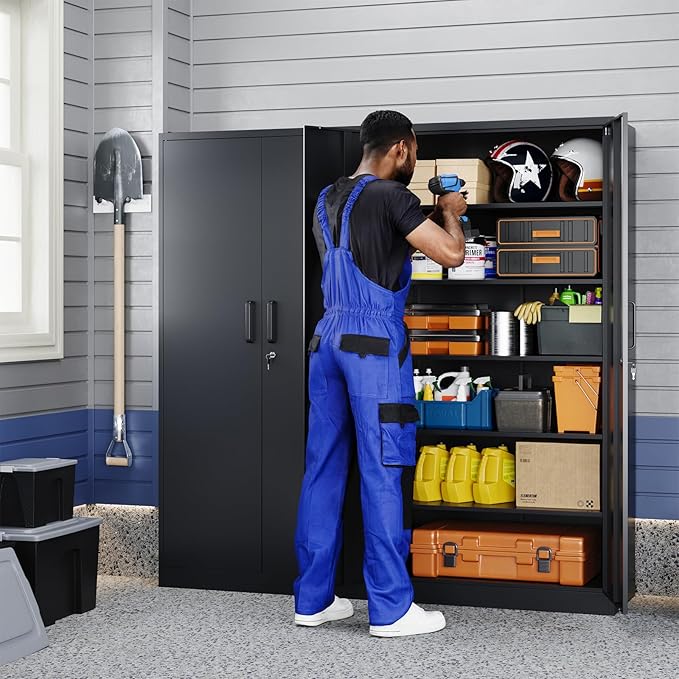 Metal Garage Storage Cabinet with 2 Doors and 5 Adjustable Shelves - 71" Steel Lockable File Cabinet,Locking Tool Cabinets for Office,Home,Garage,Gym,School (Black)
