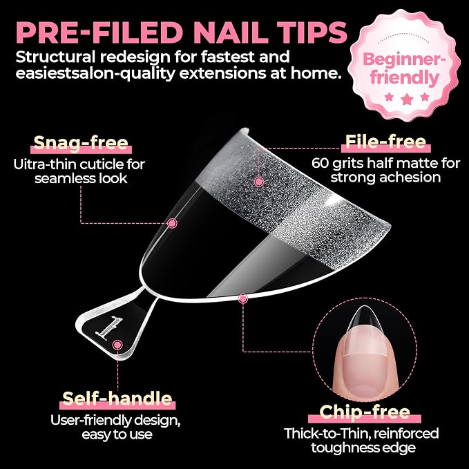UNA GELLA Short Almond Gel Nail Tips: 504PCS Acylic Nail Tips Almond Shape | Extra Short Pre Etched Half Cover 12sizes Salon Quality Soft Press On Nails DIY for Home Nails Extension
