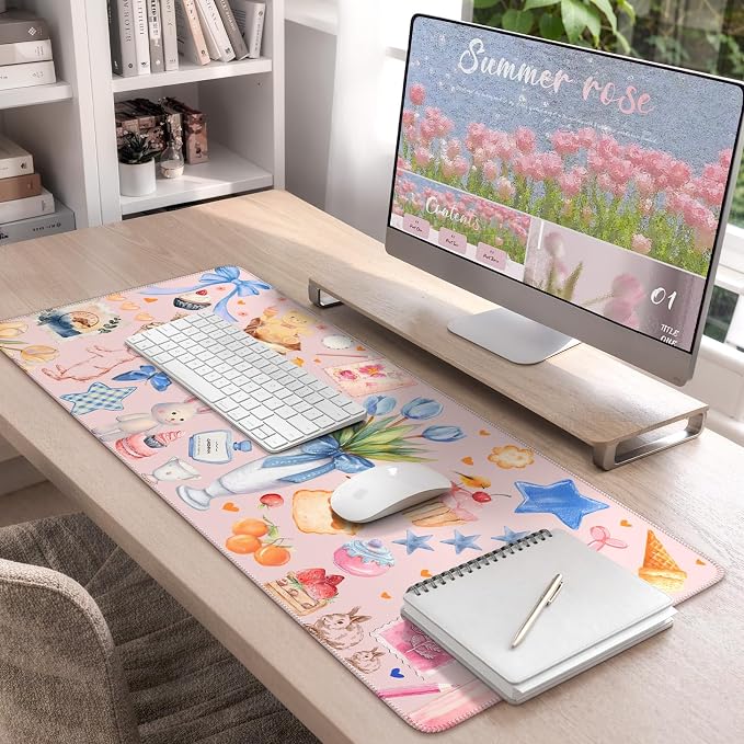 iCasso Pink Desk Mat, Cute Mouse Pad Decor, 35.4 x 15.7in Office Decor | Waterproof Non-Slip Large Desk Pad for Keyboard and Mouse with Stitched Edges, Cute Desk Accessory for Gaming and Dorm Rooms