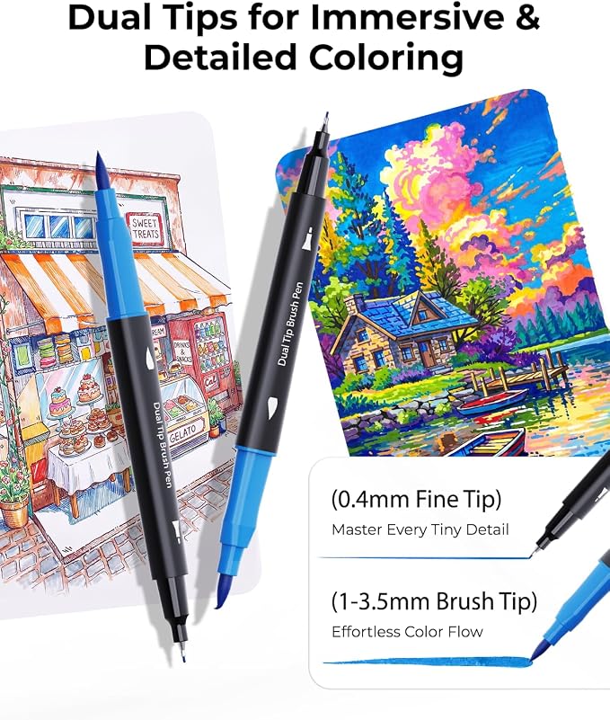 JusArt Markers for Adult Coloring Books No Bleeding 80 Colors | Dual Tip, Triangle Grip, Fine & Brush Tips, Water-Based, 33% More Ink, With 200gsm Coloring Book, Storage Case, 6 Spare Tips