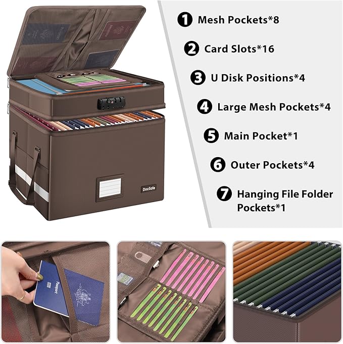 DocSafe File Box with Lock,Multi-Layer Fireproof Document Box Collapsible File Storage Organizer with Pockets/Handle,Large Portable Home Office Filing Box for Hanging Letter/Legal Size Folders,Brown