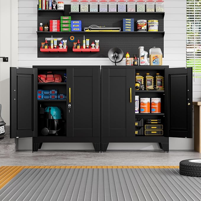 GAIOUS 36" Tall Metal Storage Cabinet with Lock, Locking Cabinet with 2 Doors and 2 Adjustable Shelves, Black Bathroom Floor Cabinets, Freestanding Locked File Cabinets for Home/Office/Garage