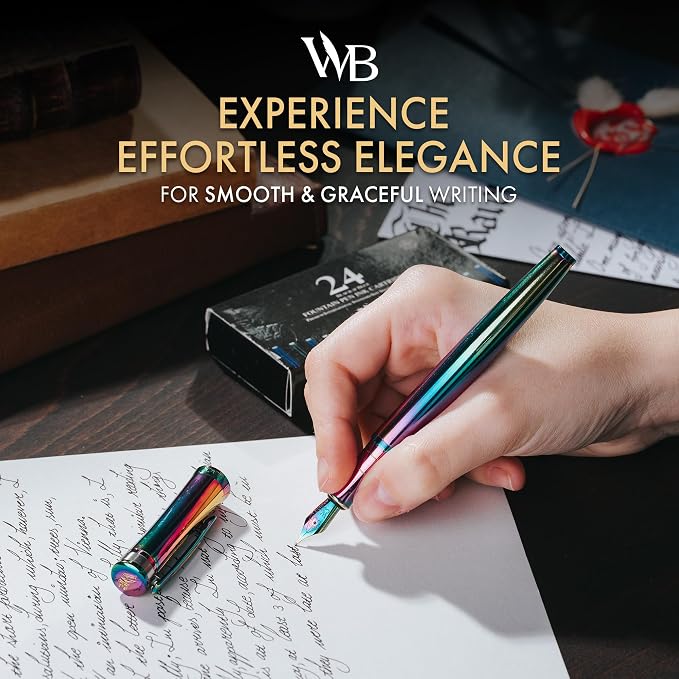 Wordsworth & Black Luxury Fountain Pen Set for Writing, Medium Nib, Rainbow | Gift for Men & Women, Brass Body, 18K German Iridium, Calligraphy, Converter + 24 Ink Cartridges, Refillable, Leak-Free