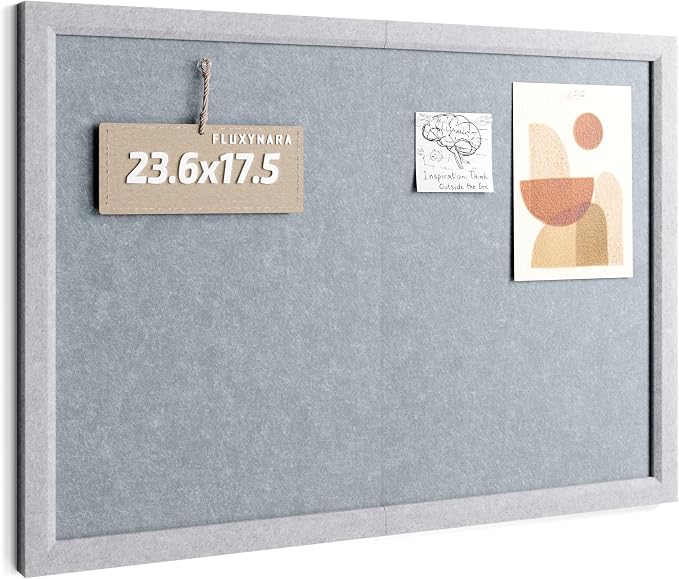 Fluxynara 23.6" x 17.1" Felt Frame Bulletin Board, Blue Gray | Cork Board Alternative with 12 Removable Adhesive Tabs, Foldable Pin Board for Wall, Home, Office, Classroom & Dorm