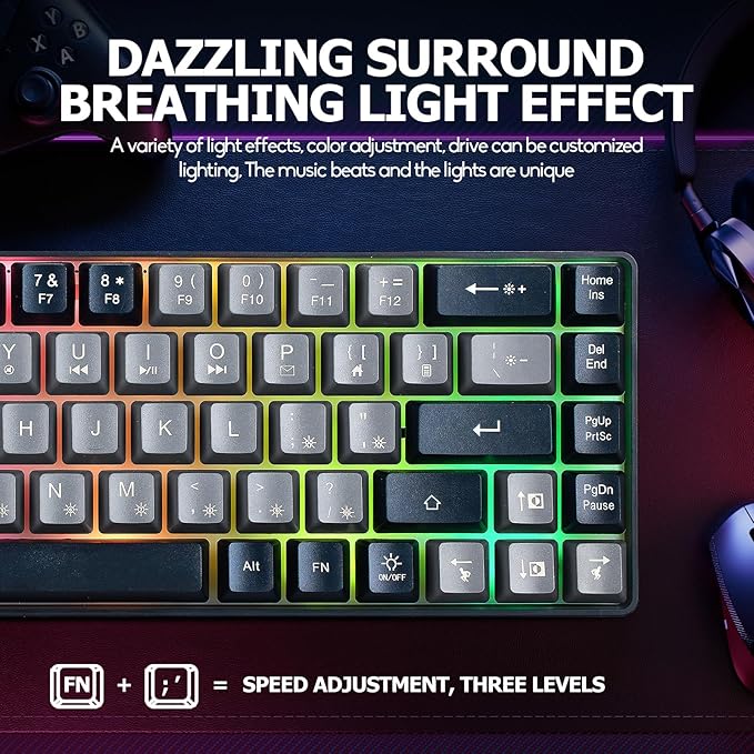 Wired Portable 60% Mechanical Feeling Gaming Keyboard,RGB LED Backlit Compact 68 Keys Mini Wired Office Keyboard for Windows Laptop PC Mac Gamer, Typist, Travel on Business Trip -Grey and Black
