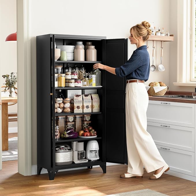 Metal Pantry Cabinet,Tall Kitchen Pantry Storage Cabinet with Doors and Adjustable Shelves - 61" Black Cupboard Cabinet for Kitchen, Living Room,Dining Room,Home