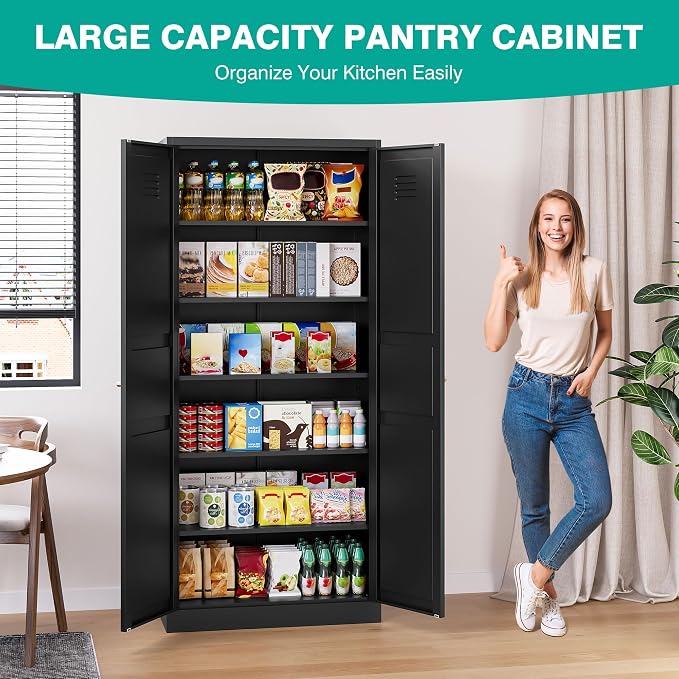 Black Storage Cabinet,71" Tall Pantry Cabinet,Kitchen Pantry Storage Cabinets with 2 Doors and 5 Shelves,Wide Deep Metal Food Cupboard for Home,Kitchen,Dining/Living Room