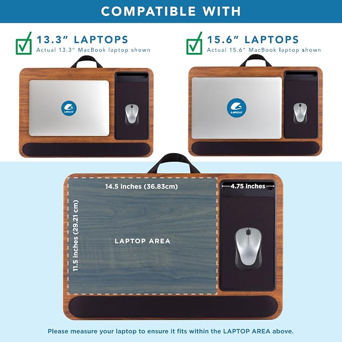 LAPGEAR Home Office Pro Lap Desk – Espresso Woodgrain, Fits 15.6” Laptops | Built-In Mouse Pad & Phone Slot, Wide Cushioned Wrist Rest, Dual-Bolster Microbead Cushion, Carry Handle