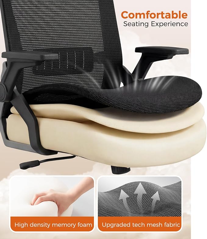GTPLAYER Ergonomic Office Chair with Flip-up Armrests Executive Computer Chair for Home Office, Breathable Mesh & Comfy Lumbar Support, Black